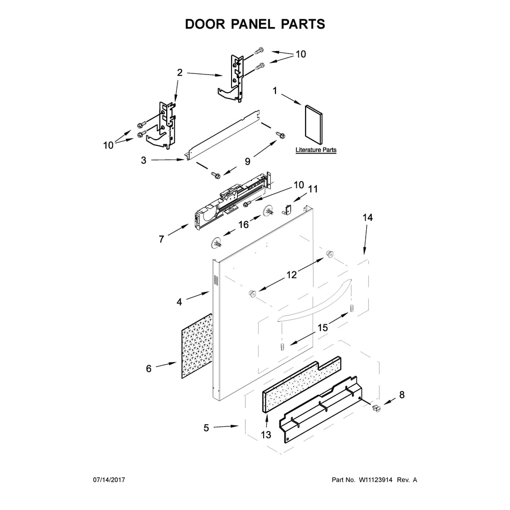 Door Panel Parts Diagram and Parts List for 2214573N612  Kenmore Dishwasher