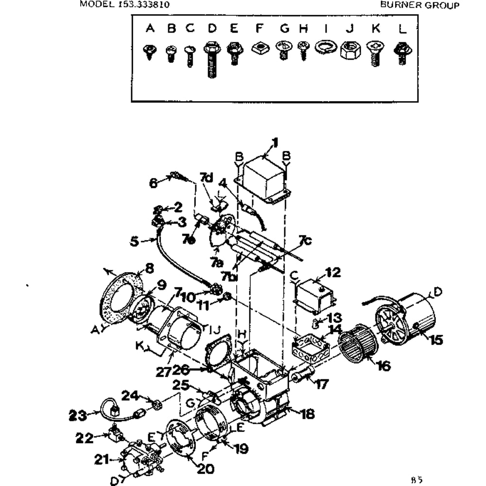 Burner Group Diagram and Parts List for 153333810  Kenmore Water Heater