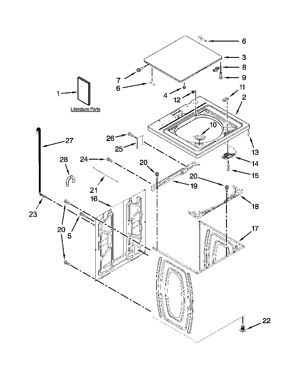 Top and cabinet parts Diagram and Parts List for 7MKTWS300DW0  Kenmore Washer