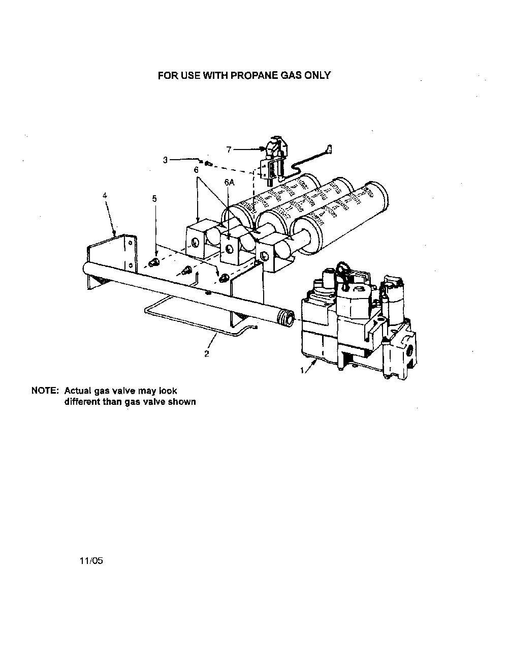 Propane gas buner and manifold Diagram and Parts List for 229965370  Kenmore Water Heater