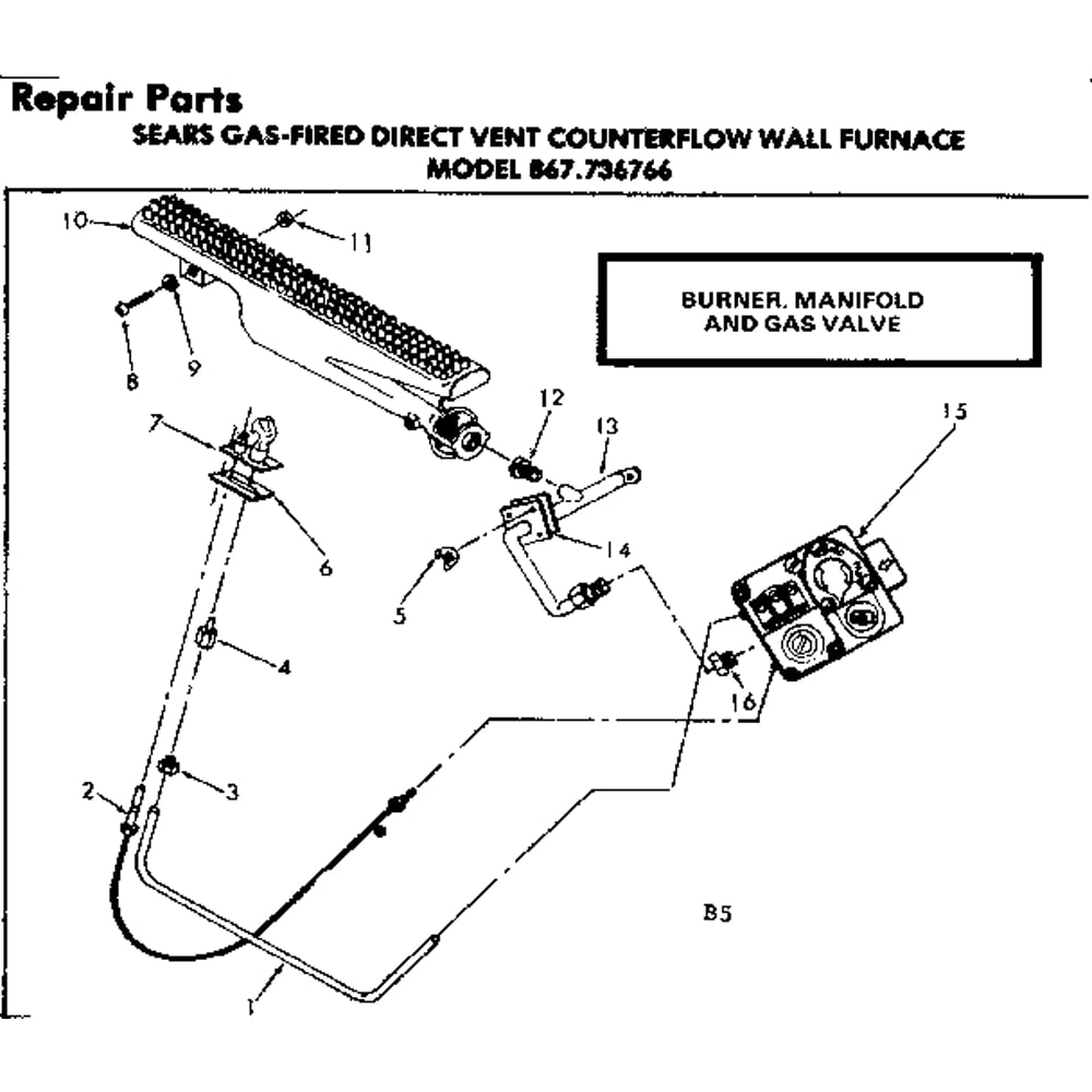 Burner Manifold And Gas Valve Diagram and Parts List for 867736766  Kenmore Furnace