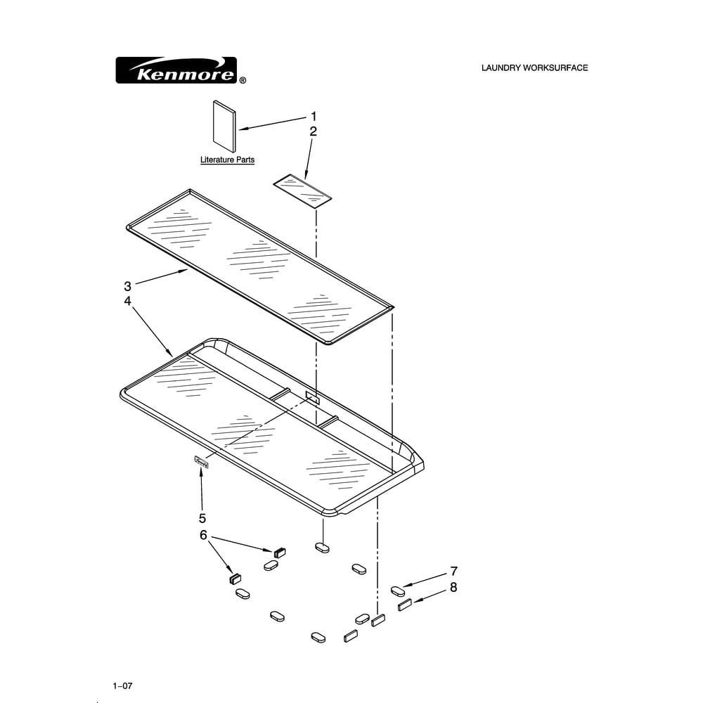 Worksurface And Pad Parts Diagram and Parts List for 11010016000  Kenmore Washer