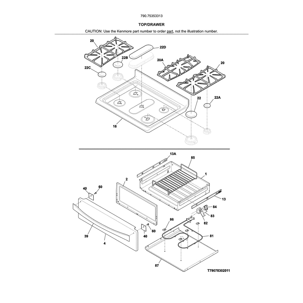 Top/Drawer Diagram and Parts List for 79075353313  Kenmore Range