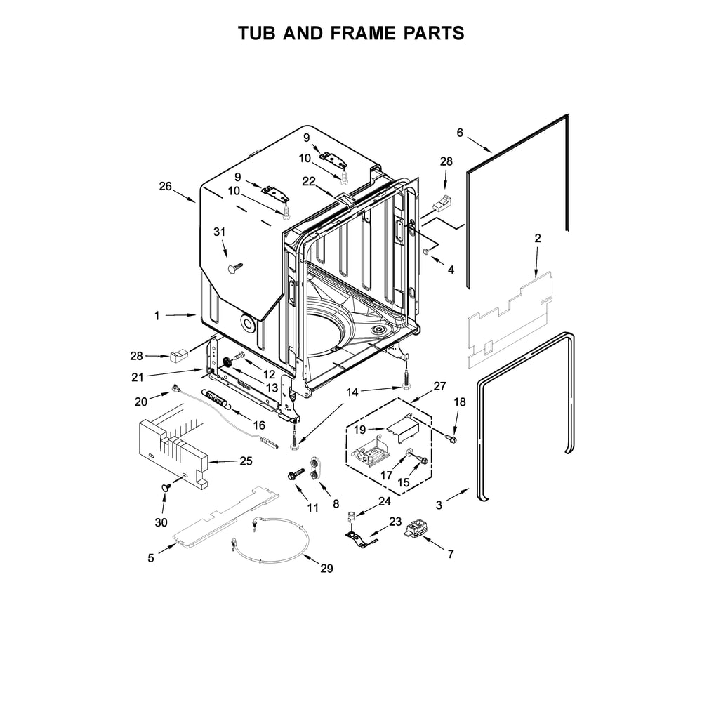 Tub And Frame Parts Diagram and Parts List for 2214799N512  Kenmore Dishwasher