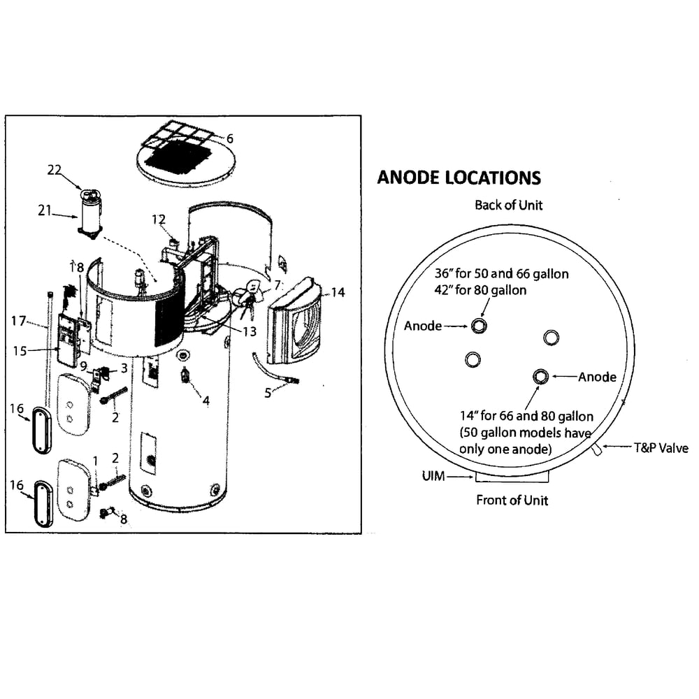 Main Asy Diagram and Parts List for 153592600  Kenmore Water Heater