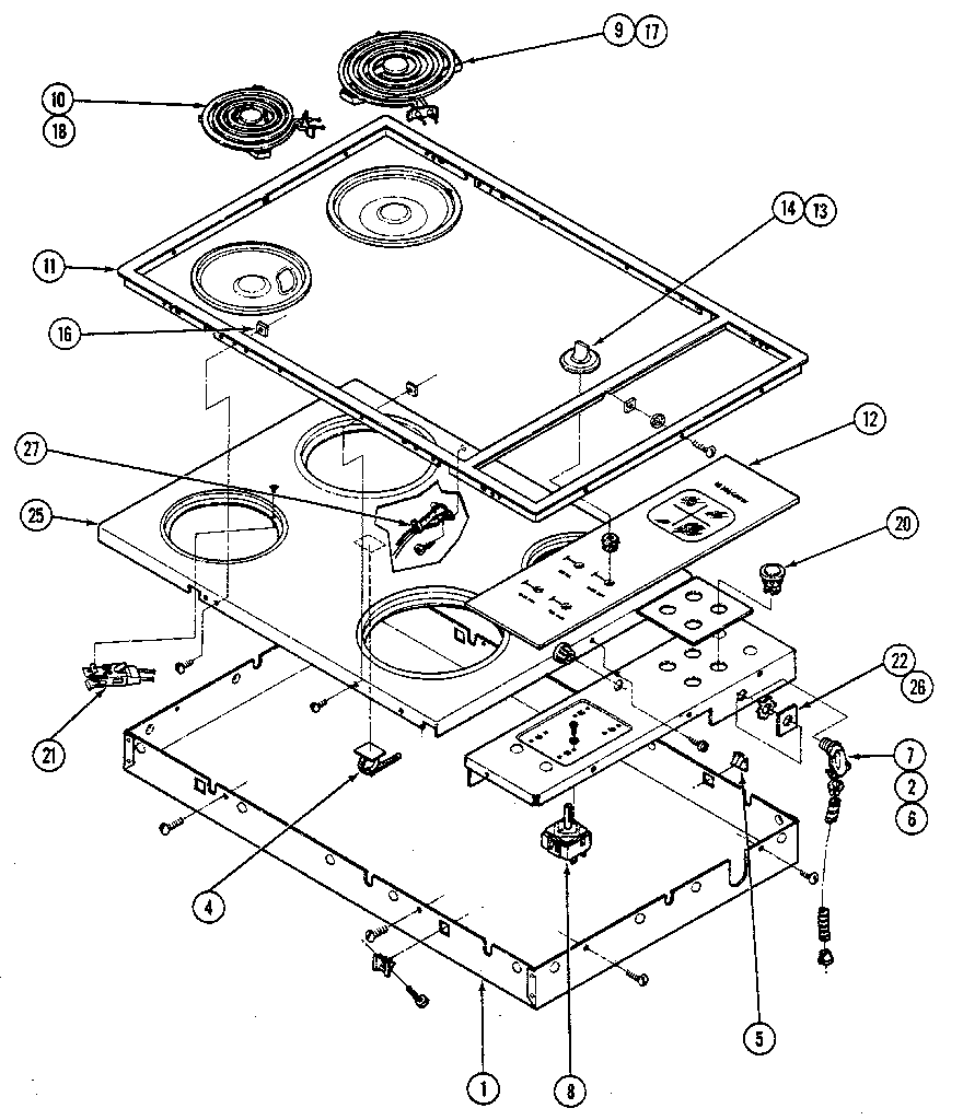 Cooktop Diagram and Parts List for 22311 1988 Kenmore Cooktop