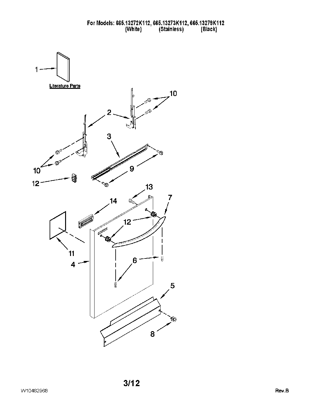 Door and panel parts Diagram and Parts List for 66213273K112  Kenmore Dishwasher