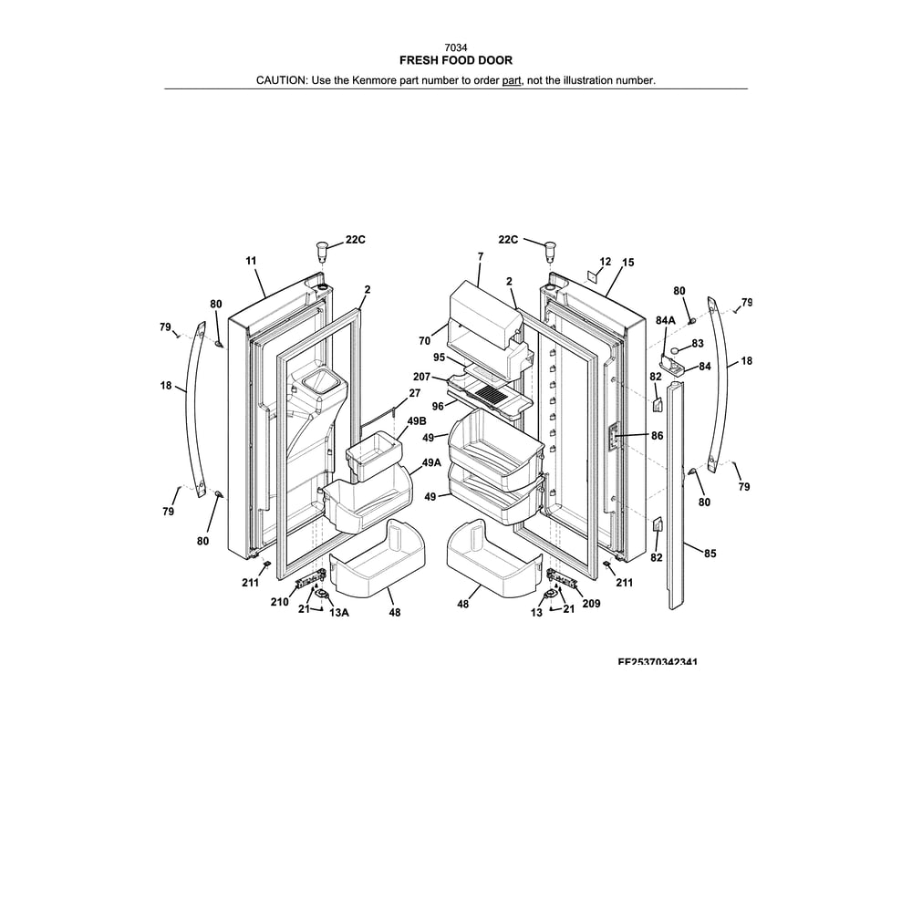 Fresh Food Door Diagram and Parts List for 2537034341E  Kenmore Refrigerator
