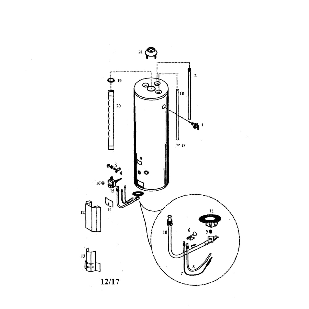 Gas Water Heater Diagram and Parts List for 153336952  Kenmore Water Heater