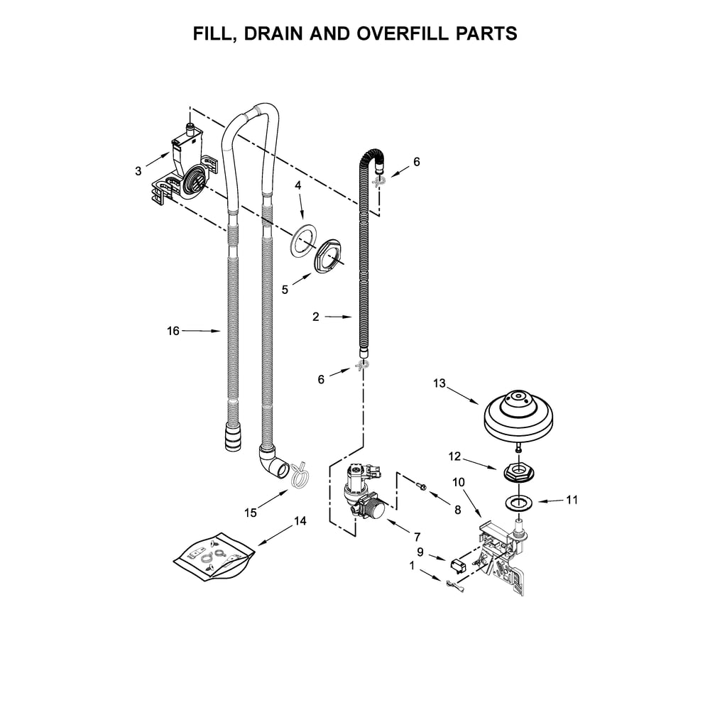 Fill, Drain And Overfill Parts Diagram and Parts List for 2214573N612  Kenmore Dishwasher