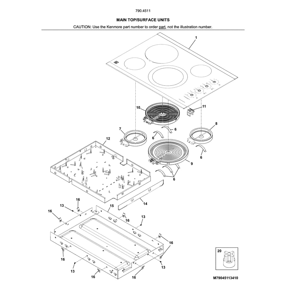Main Top/Surface Units Diagram and Parts List for 79045119411  Kenmore Cooktop