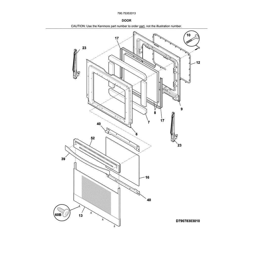 Door Diagram and Parts List for 79075353313  Kenmore Range
