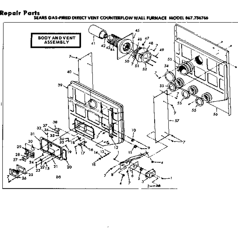 Body And Vent Assembly Diagram and Parts List for 867736766  Kenmore Furnace