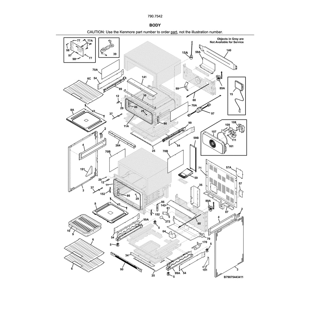 Body Diagram and Parts List for 79075422414  Kenmore Range