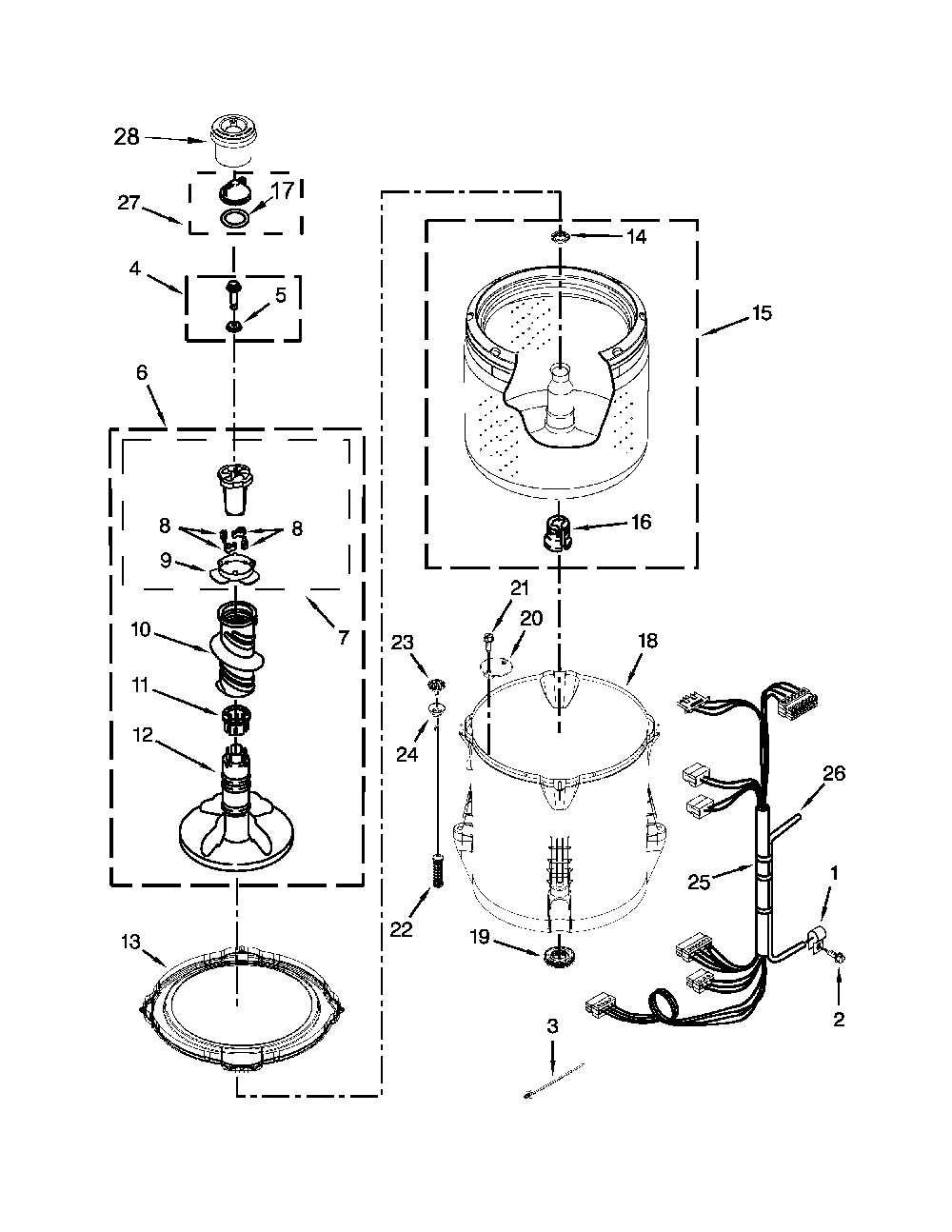 Basket and tub parts Diagram and Parts List for 7MKTWS300DW0  Kenmore Washer
