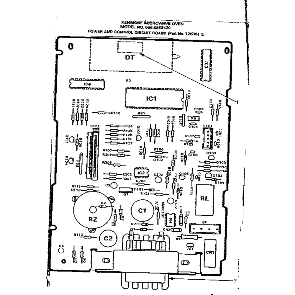Power And Control Circuit Board Part No. 12596r Diagram and Parts List for 5668868420  Kenmore Microwave