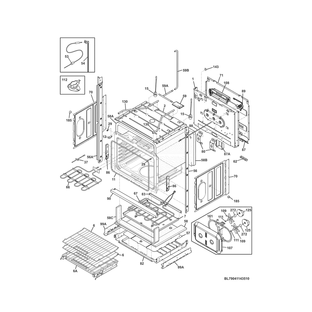 Lower Oven Diagram and Parts List for 79041143511  Kenmore Wall Oven