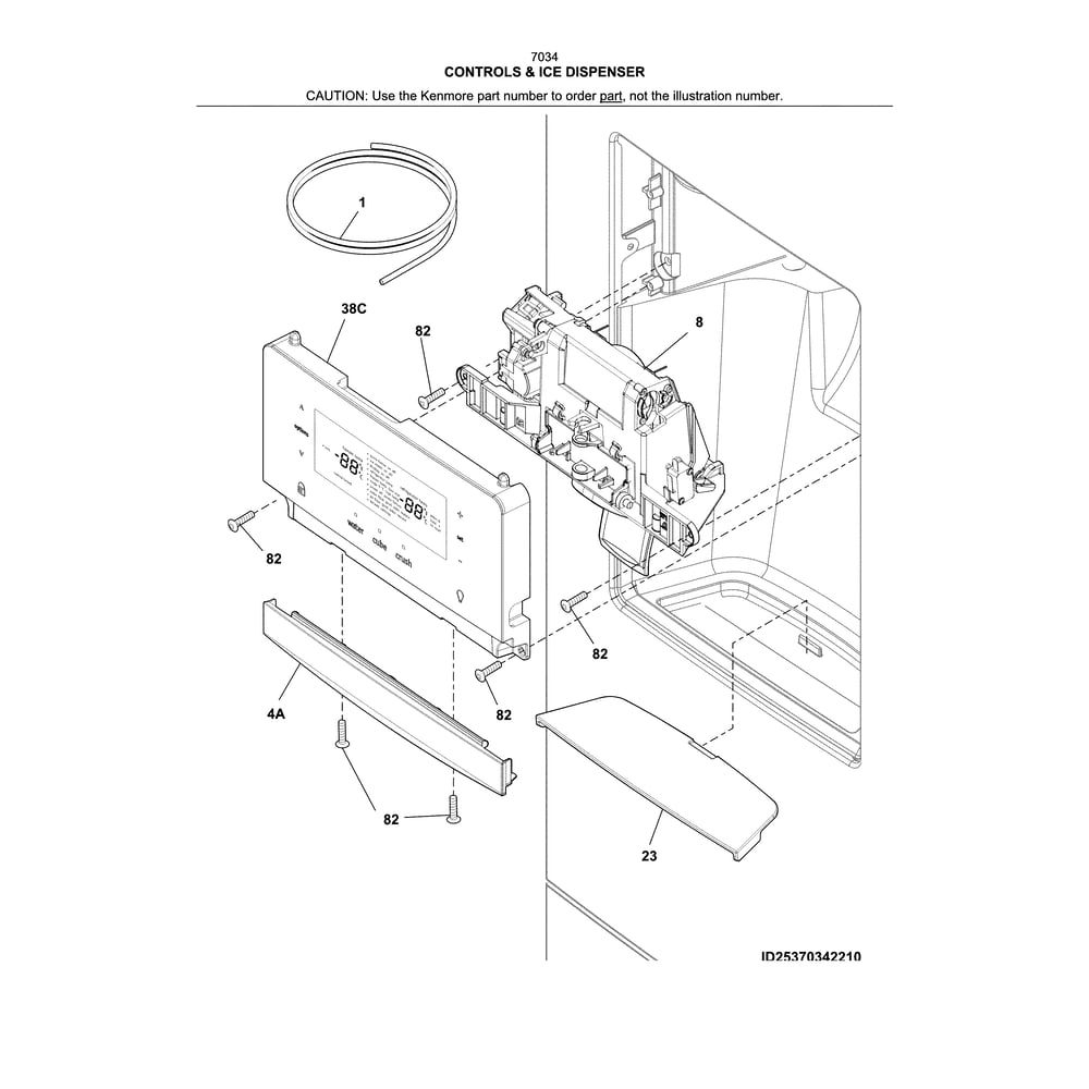 Controls And Ice Dispenser Diagram and Parts List for 2537034341E  Kenmore Refrigerator
