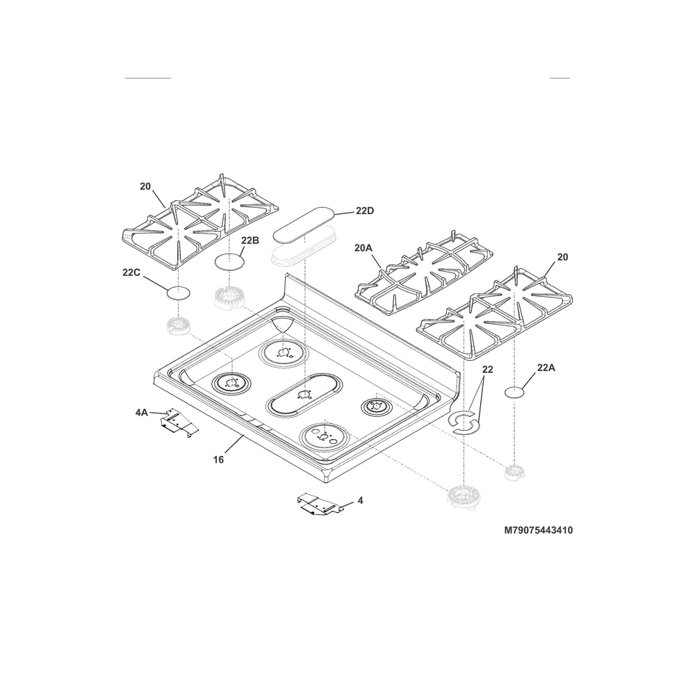 Main Top Diagram and Parts List for 79075423410  Kenmore Range