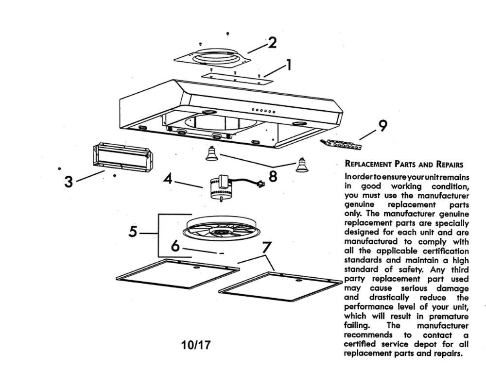 Range Hood Diagram and Parts List for 23351292710  Kenmore Range Hood