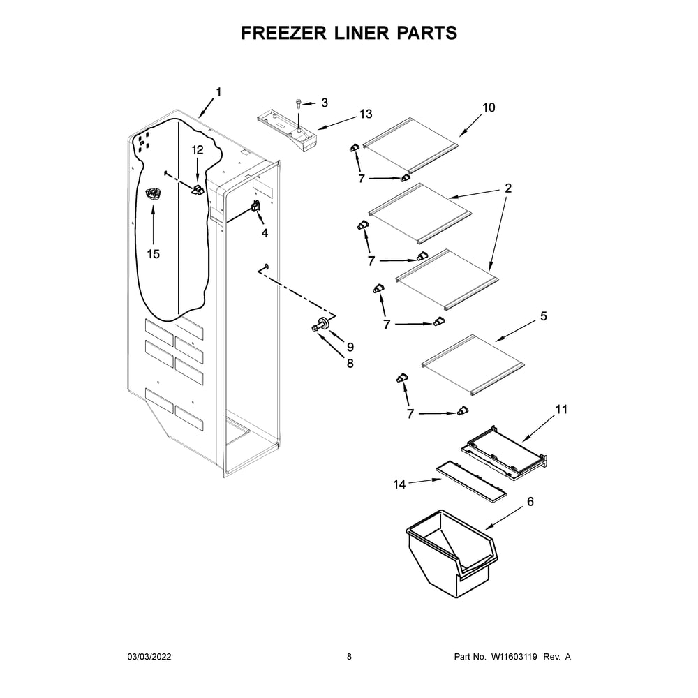 Freezer Liner Parts Diagram and Parts List for 10651339716  Kenmore Refrigerator