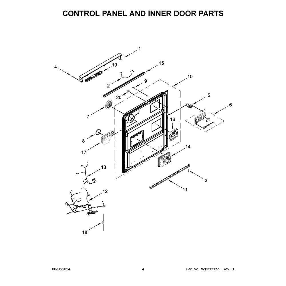 Control Panel And Inner Door Parts Diagram and Parts List for 66514145N120  Kenmore Dishwasher