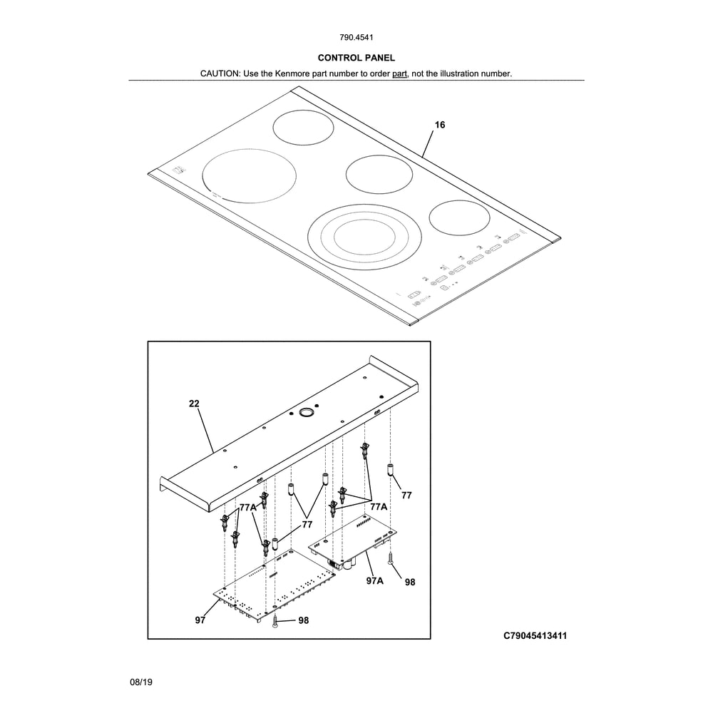 Control Panel Diagram and Parts List for 79045419412  Kenmore Cooktop