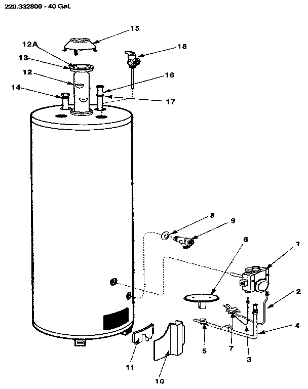 Replacement parts Diagram and Parts List for 220332800  Kenmore Water Heater