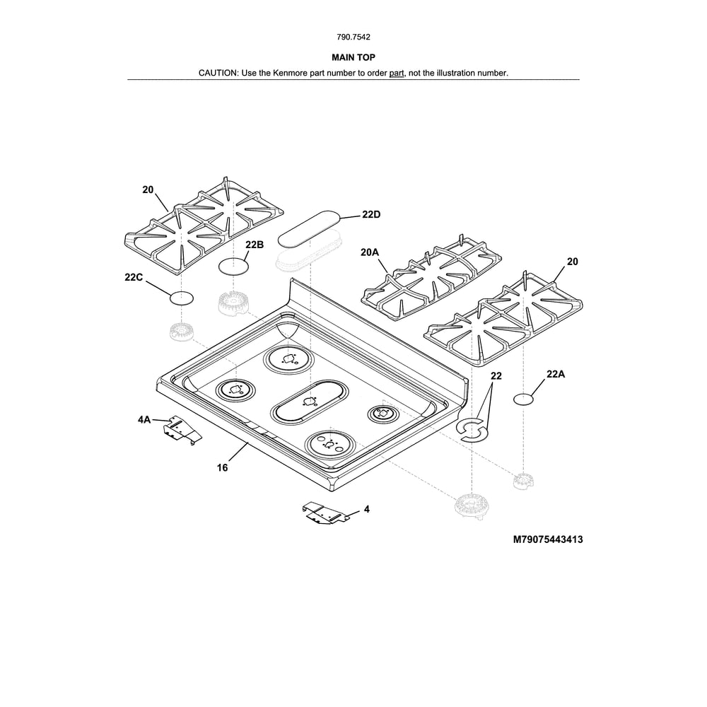 Main Top Diagram and Parts List for 79075422414  Kenmore Range