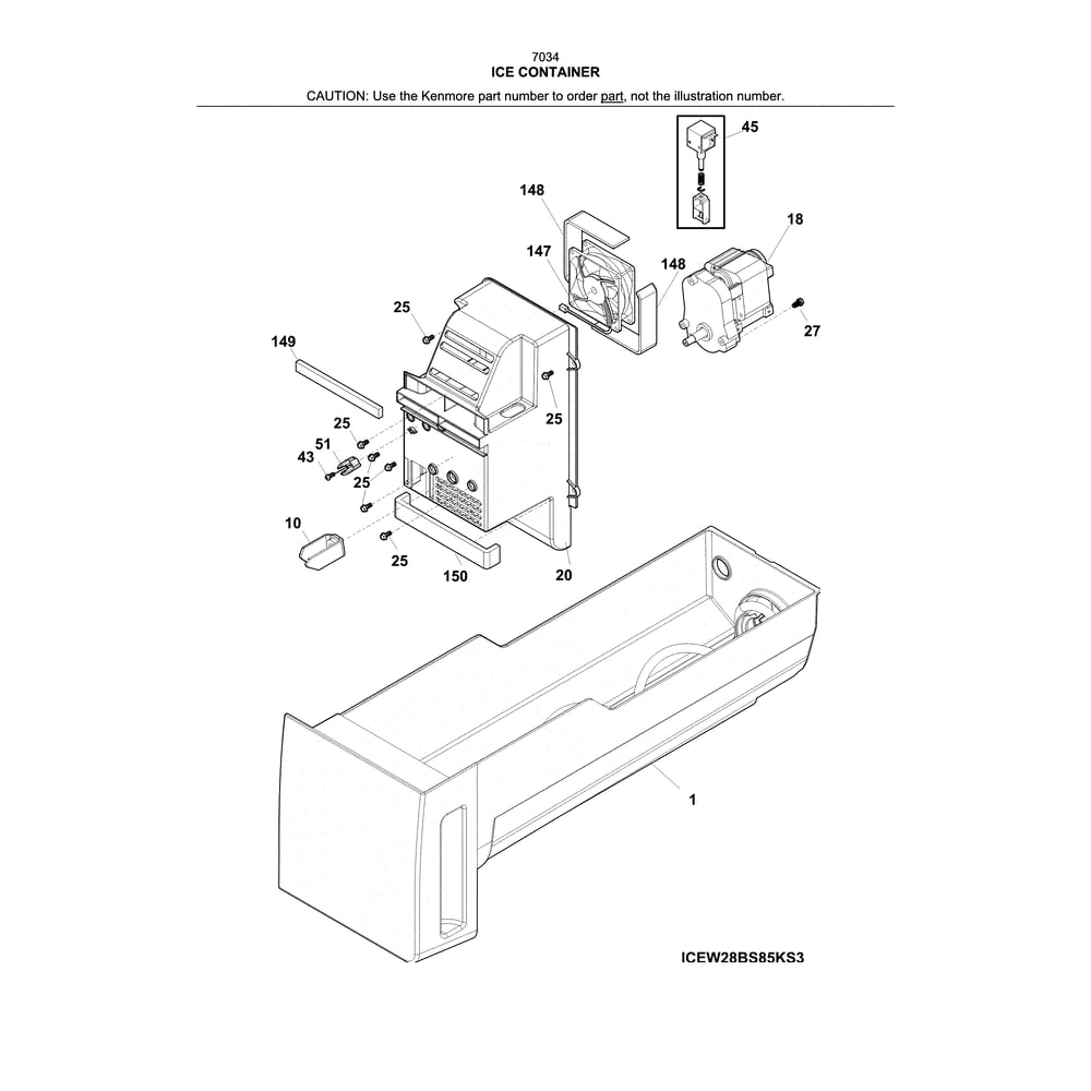 Ice Container Diagram and Parts List for 2537034341E  Kenmore Refrigerator