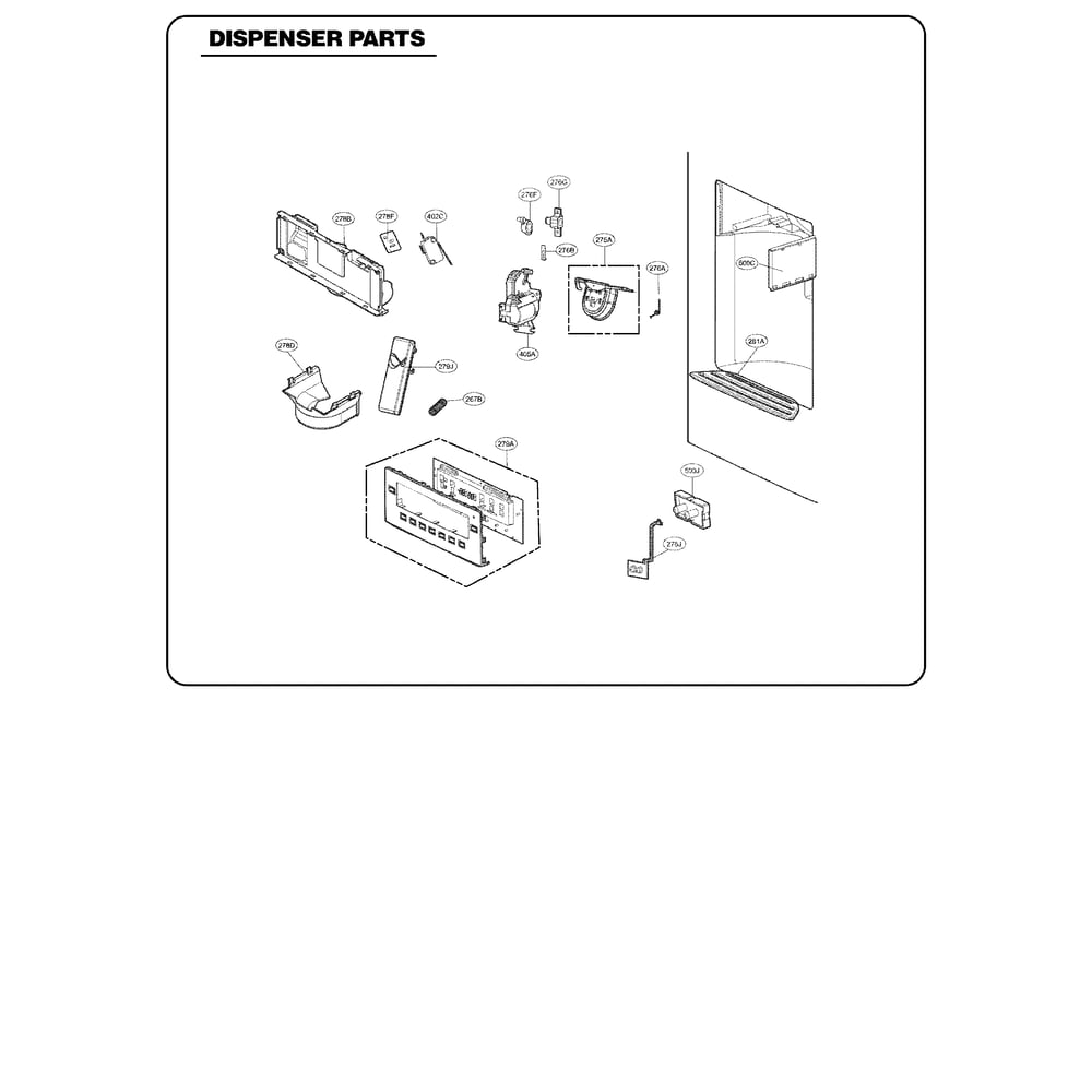 Dispenser Parts Diagram and Parts List for 79572353310  Kenmore Refrigerator