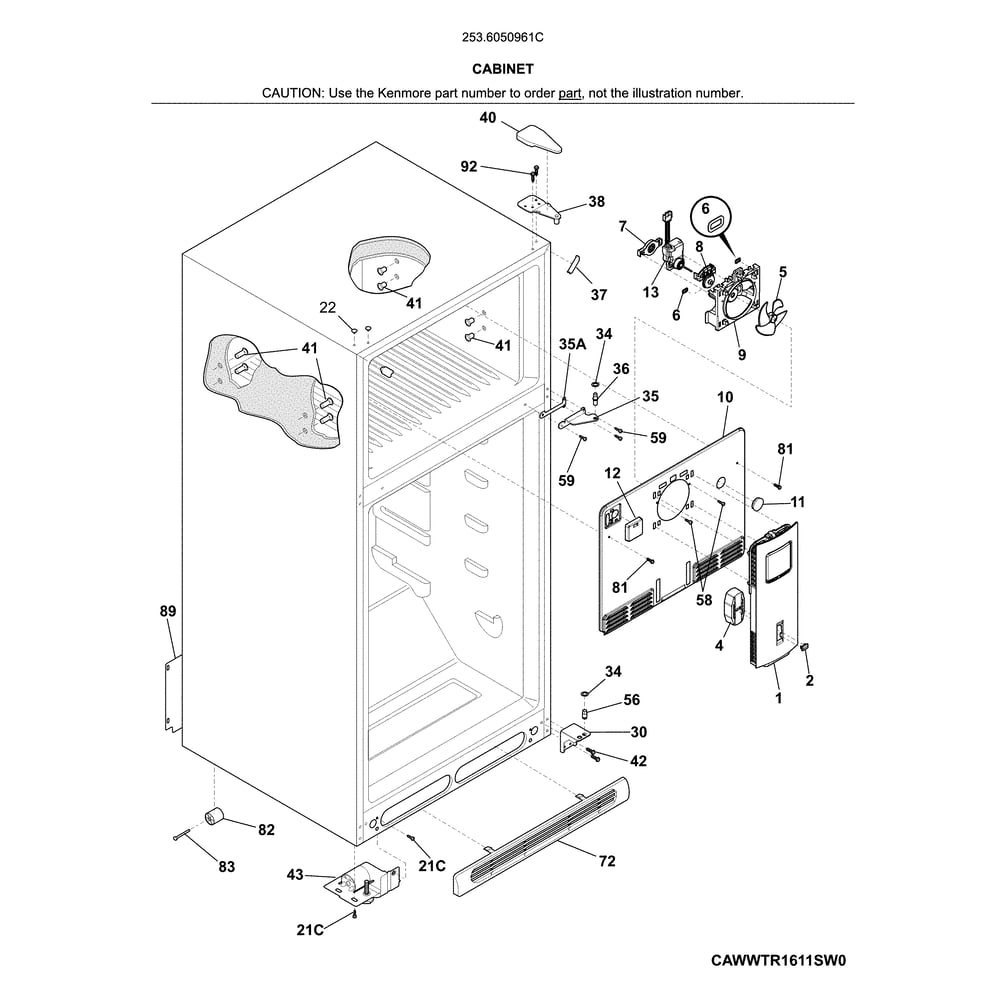 Cabinet Diagram and Parts List for 2536050961C  Kenmore Refrigerator
