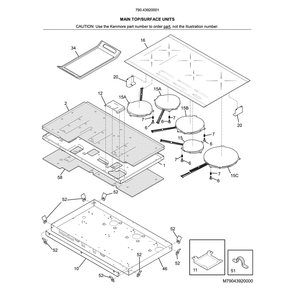Main Top/Surface Units Diagram and Parts List for 79043920001  Kenmore Cooktop