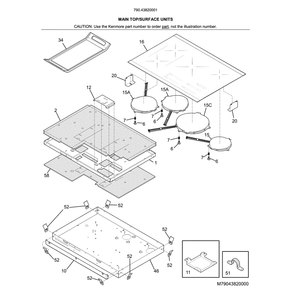 Main Top/Surface Units Diagram and Parts List for 79043820001  Kenmore Cooktop