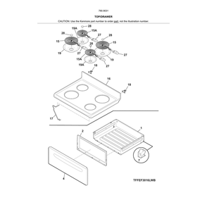 Top/Drawer Diagram and Parts List for 79090312011  Kenmore Range