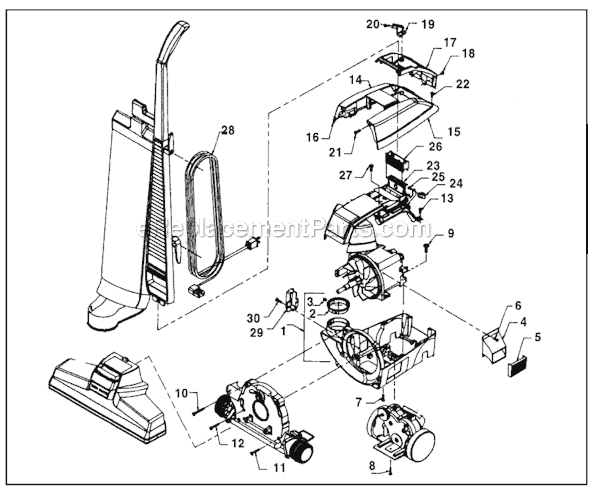 Handle and Cover Diagram and Parts List for DIAMOND Edition Kirby Upright Vacuum