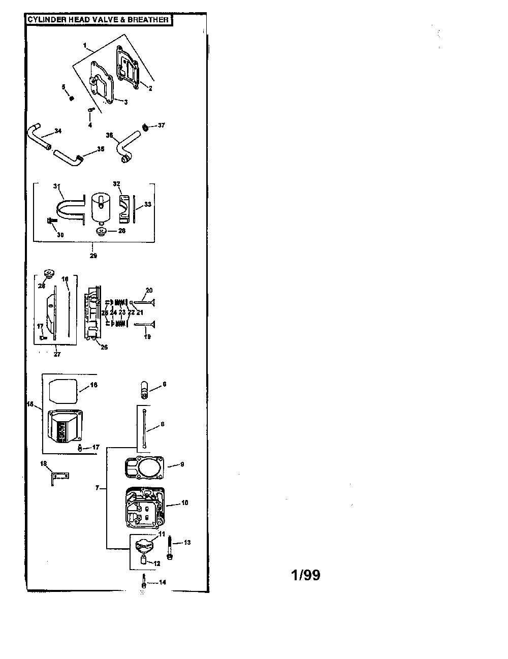 Cylinder head valve and breather Diagram and Parts List for CV25S-6926  Kohler Engine