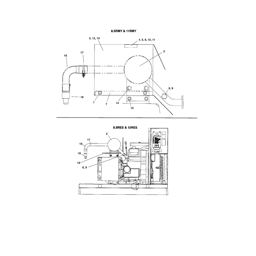 Exhaust Diagram and Parts List for 85-12RES  Kohler Generator