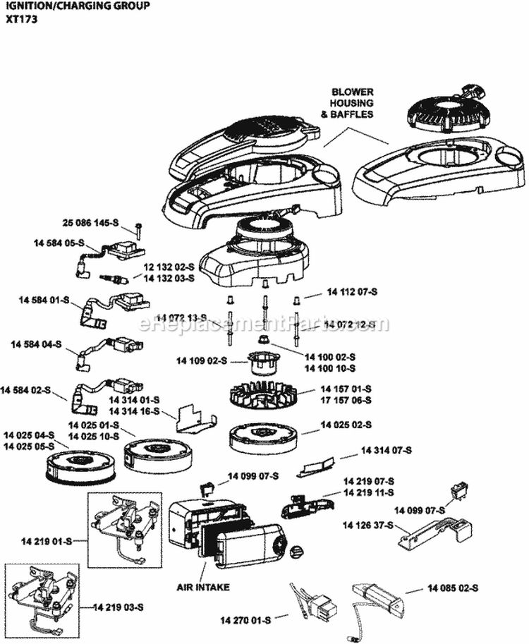 Page J Diagram and Parts List for XT173-3205  Kohler Engine