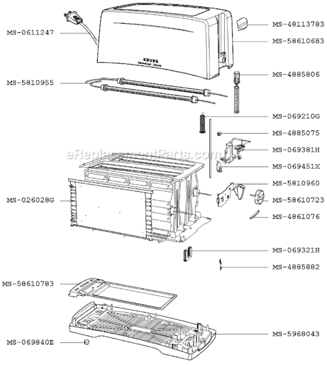 Page A Diagram and Parts List for F2877051(P)  Krups Toaster