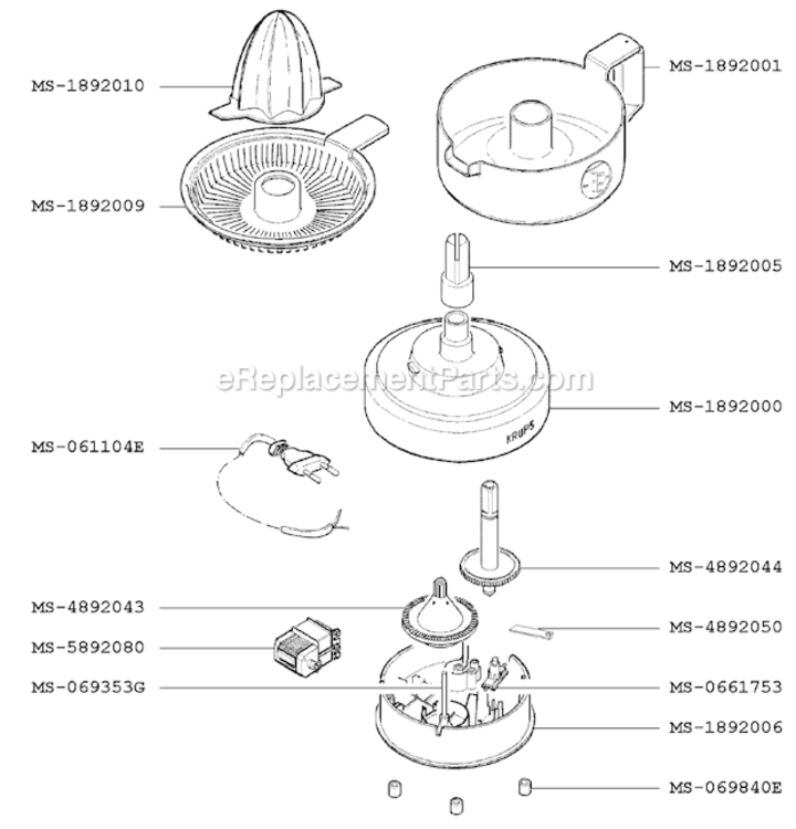 Page A Diagram and Parts List for F2937051(B)  Krups Juicer