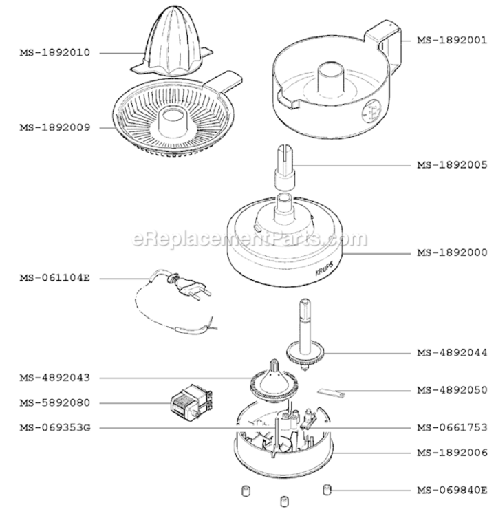 Page A Diagram and Parts List for F2937051H(B)  Krups Juicer