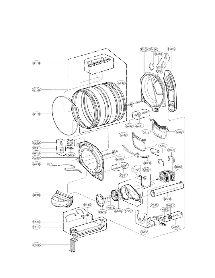 Drum And Motor Assembly Parts Diagram and Parts List for DLEX4070V  LG Dryer
