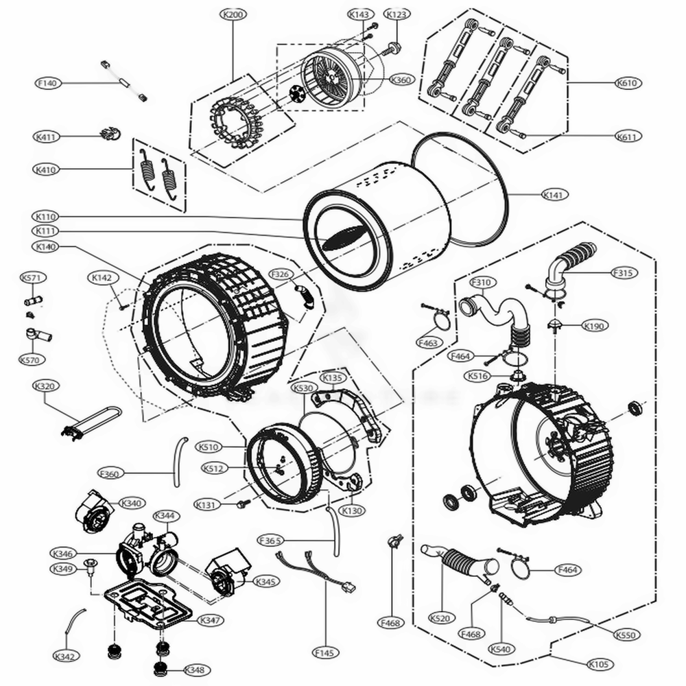 Drum And Tub Assembly Diagram and Parts List for WM3770HWA ABWEVUS LG Washer