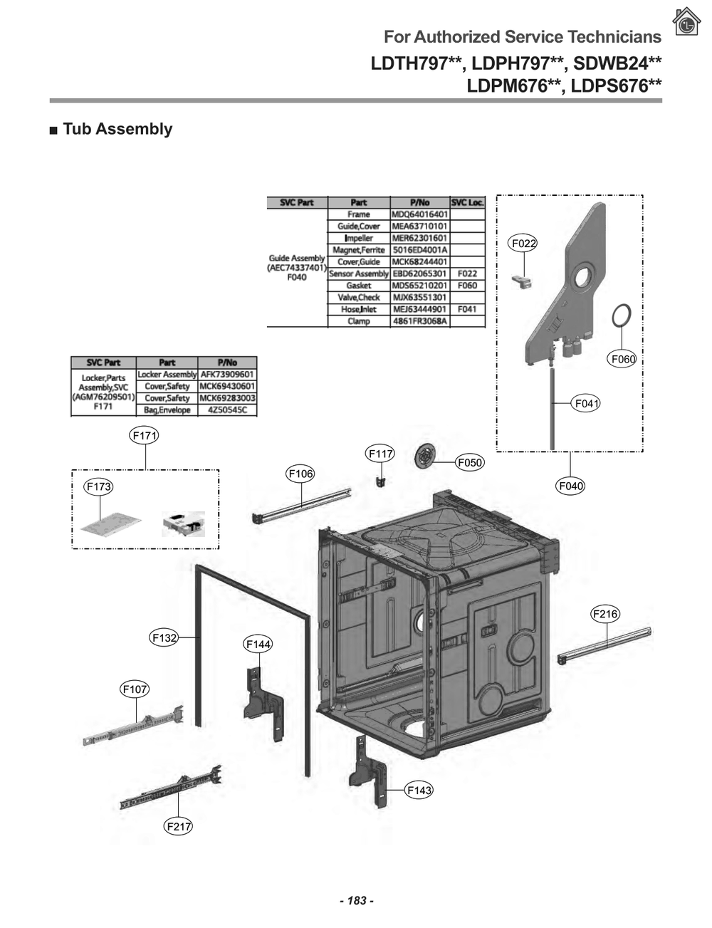 Tub Assembly Svcpart Diagram and Parts List for LDPM6762S ASSESNA LG Dishwasher