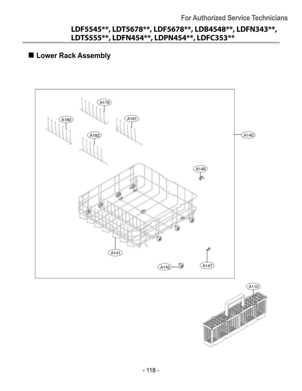 Lower Rack Assembly Diagram and Parts List for LDFC353LS ASSEEUS LG Dishwasher