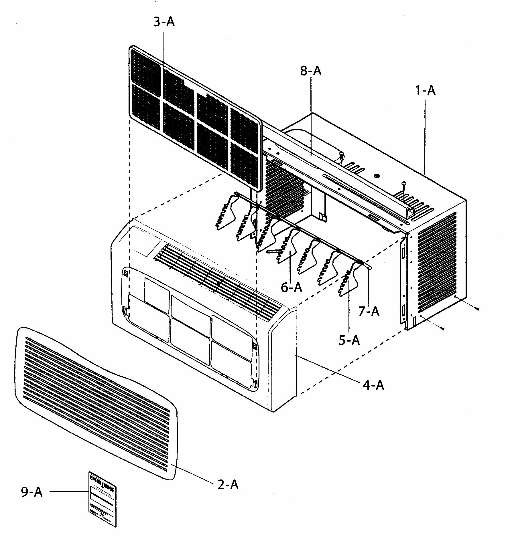 Cabinet/front Grille Assy Diagram and Parts List for 58074054400  Kenmore Air Conditioner