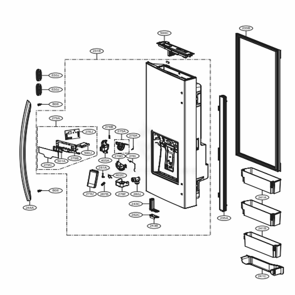 Door Parts 1 Diagram and Parts List for 74407 ASBCSE0 LG Refrigerator
