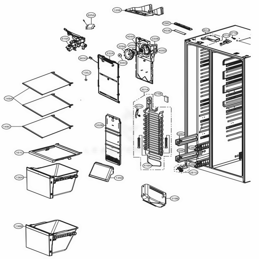 Freezer Compartment Diagram and Parts List for LSXS26366S ASTCNA2 LG Refrigerator