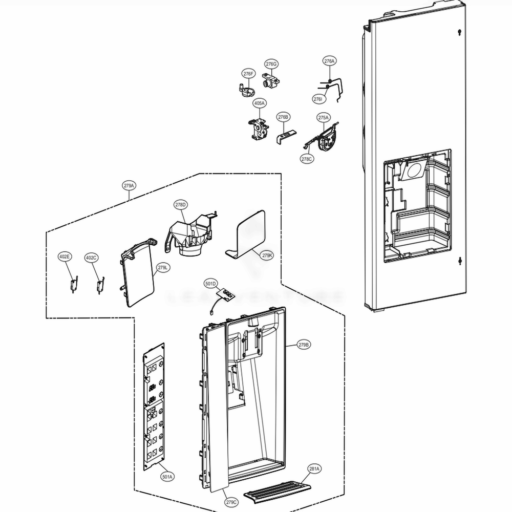 Dispenser Parts Diagram and Parts List for LFXC24726S ASTCNA2 LG Refrigerator